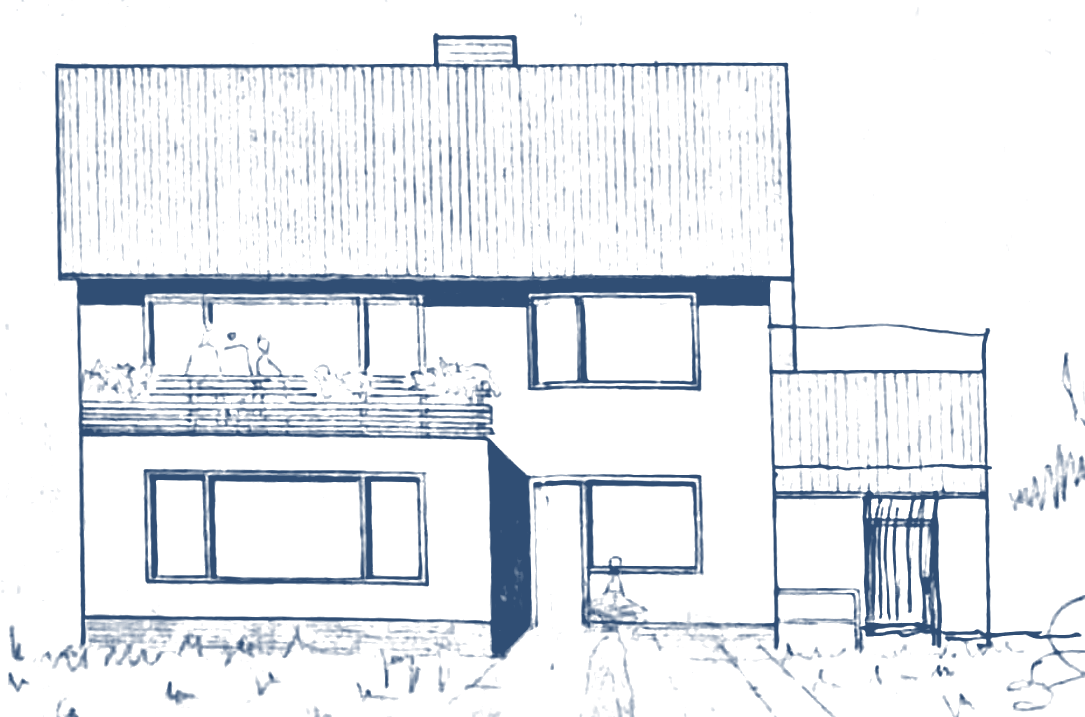 Originalzeichnung von 1964: Ansicht von Westen mit Balkon und großem Wohnzimmerfenster