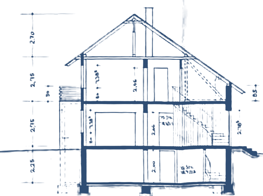 Gebäudeschnitt aus dem Originalplan mit Keller, Erdgeschoss, Obergeschoss und Dachboden